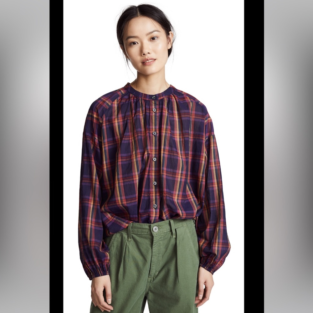 THE GREAT. Plaid Button-Front Cotton Top in Purple and Red
